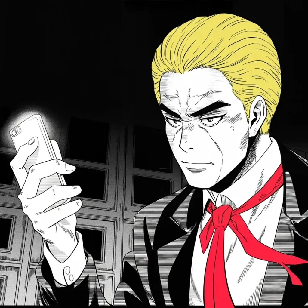 Manga panel 2 of 5, Week 442 “The Judge's House”: He holds the glowing phone up like an exhibit: the account he has been quoting vanished overnight, and he calls the deletion itself the proof.