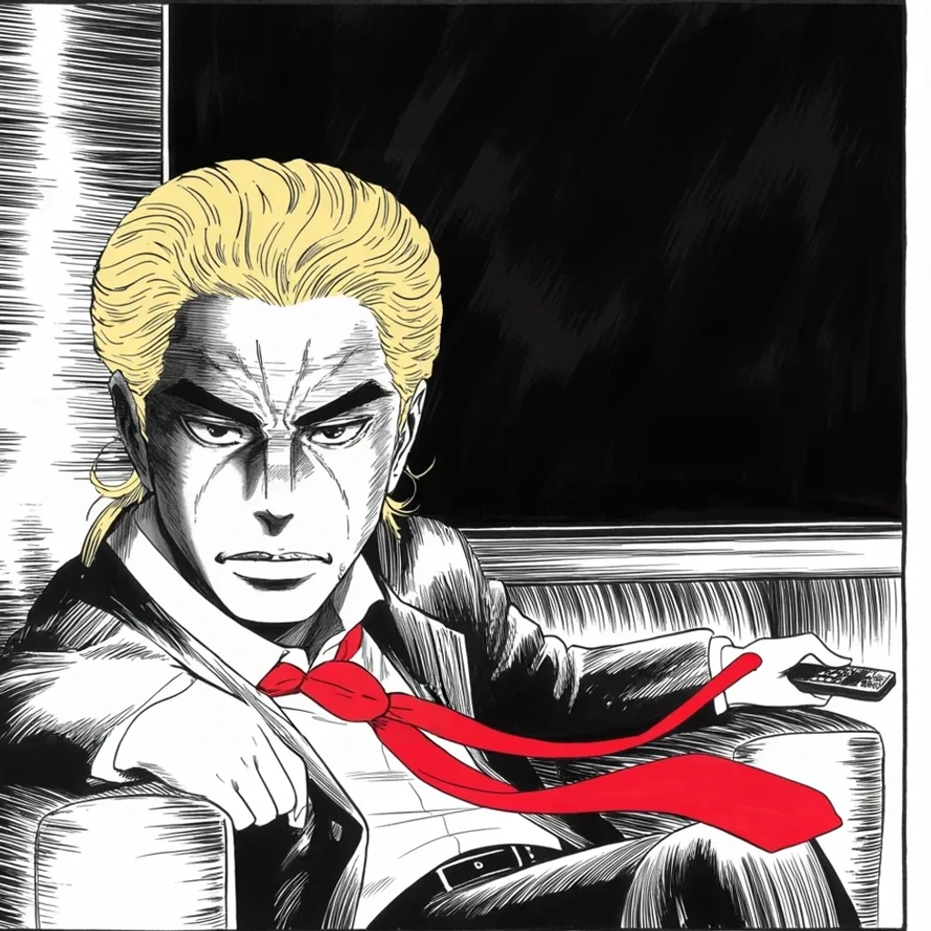 Manga panel 4 of 5, Week 442 “The Judge's House”: In armchair shadow, lip curled at a flickering screen somewhere off-frame: an actor cursed him from an awards stage, and the answer comes by morning.