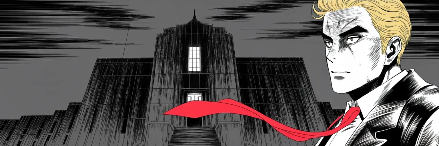 Manga panel 5 of 5, Week 442 “The Judge's House”: At the foot of a monumental courthouse at dusk, jaw set: a judge has ruled there is no absolute immunity, and the other long thread pulls taut.