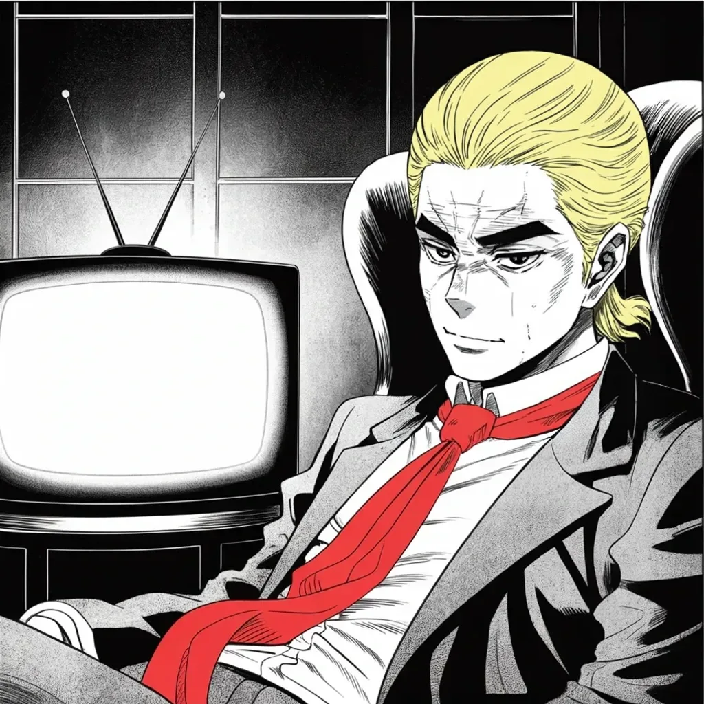 Manga panel 2 of 5, Week 443 “Without Being There”: The fourth debate flickers from somewhere off-frame while he lounges three-quarters turned away, smirking: he scores it without even being there.