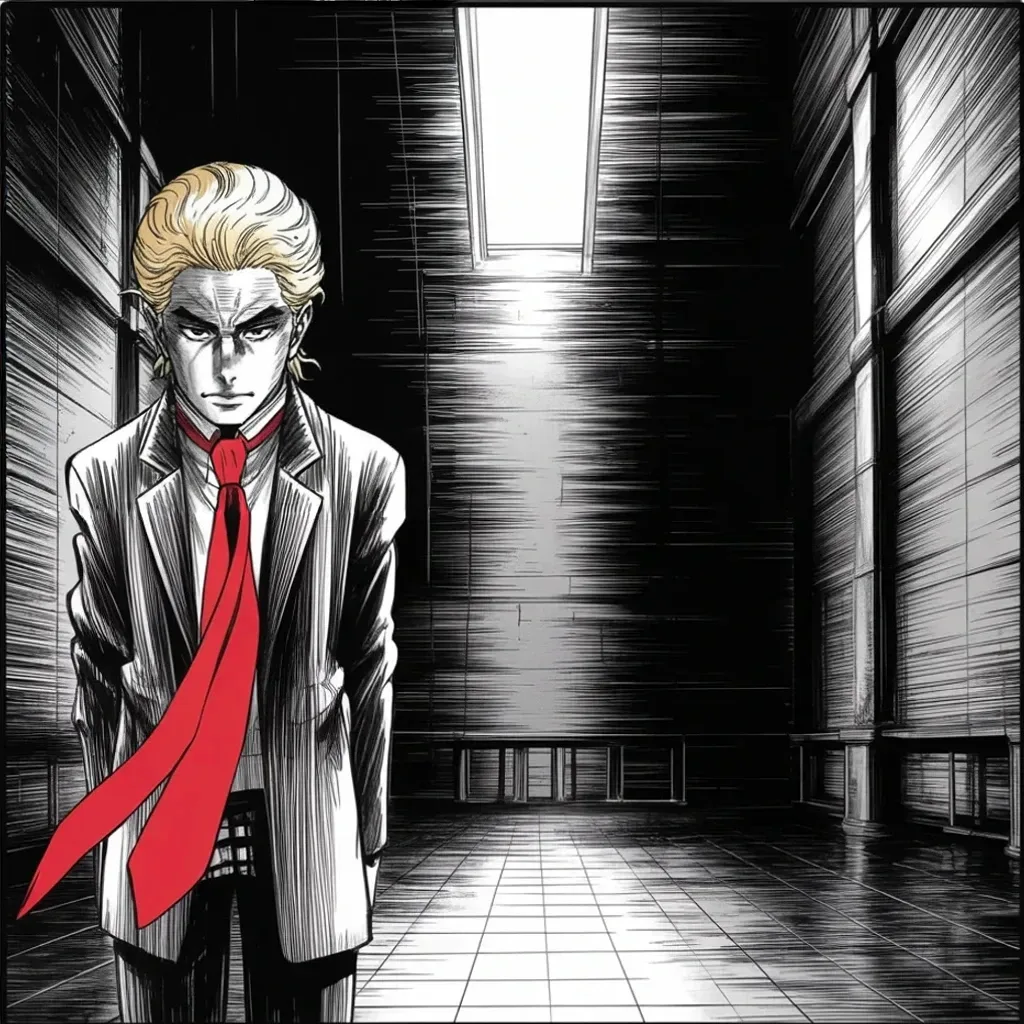 Manga panel 3 of 5, Week 443 “Without Being There”: Alone at the edge of a cold skylight shaft in a vast dark hall: the appeals court largely keeps the muzzle on, and for once the voice asks what is becoming of the country.