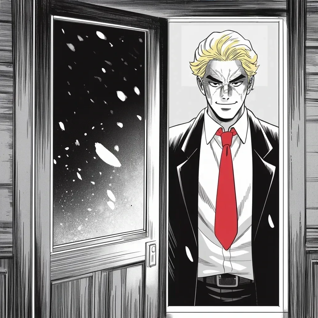 Manga panel 4 of 5, Week 443 “Without Being There”: Framed in a lit doorway against the falling Iowa snow, a smirk breaking: hailing the caucus captains, thirty-seven days out.