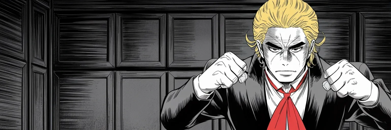Manga panel 5 of 5, Week 443 “Without Being There”: Fists raised, mane haloed by lamplight, he roars the Sunday statement: four pages of capital letters aimed at the whole judicial system.