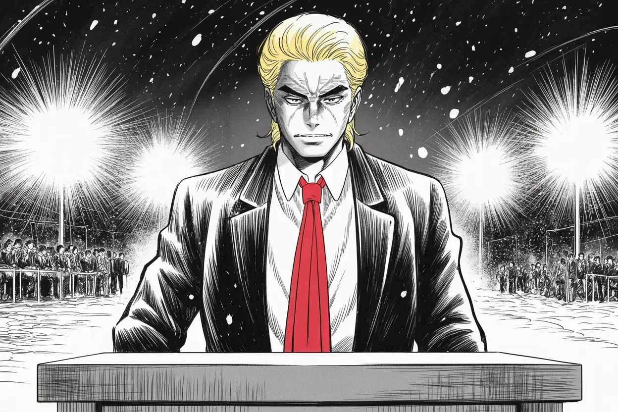 Manga panel 2 of 4, Week 444 “Rush, Rush, Rush”: New Hampshire at night, snow driving sideways past the floodlights: from the podium the winter language finds its darkest register yet.