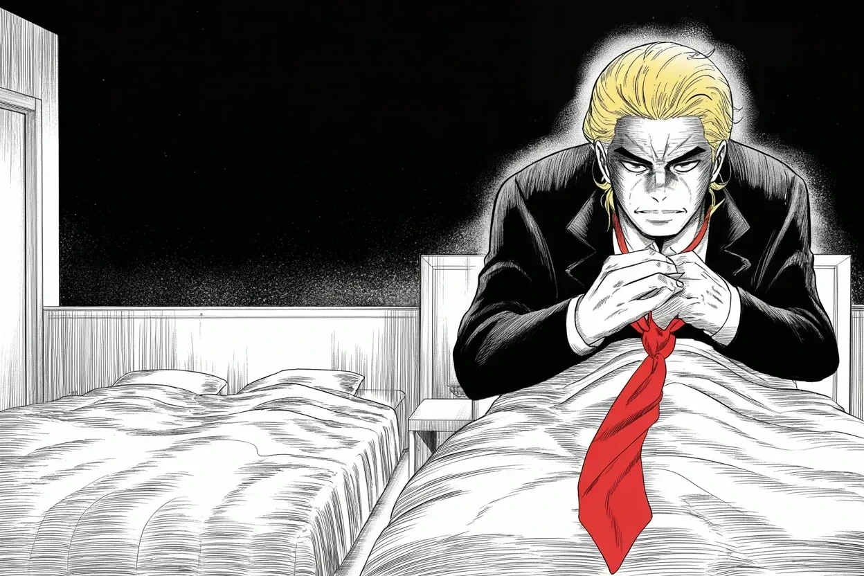 Manga panel 3 of 4, Week 444 “Rush, Rush, Rush”: Midnight in the dark bedroom, hands clasped over the covers, a smirk breaking: the rival's campaign chief has walked, and the falling bird loses its keeper.