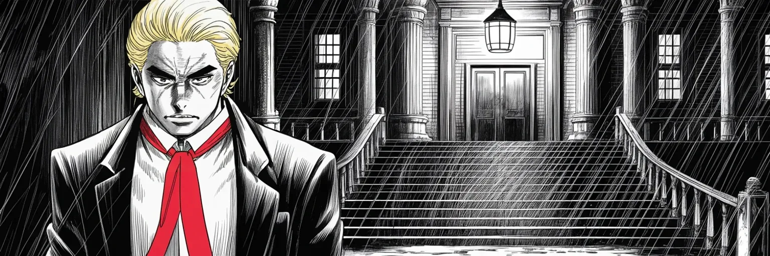Manga panel 4 of 4, Week 444 “Rush, Rush, Rush”: At the foot of the courthouse steps in freezing sleet, eyes shadowed: the motion to dismiss is denied, and the ledger case will go to a number.
