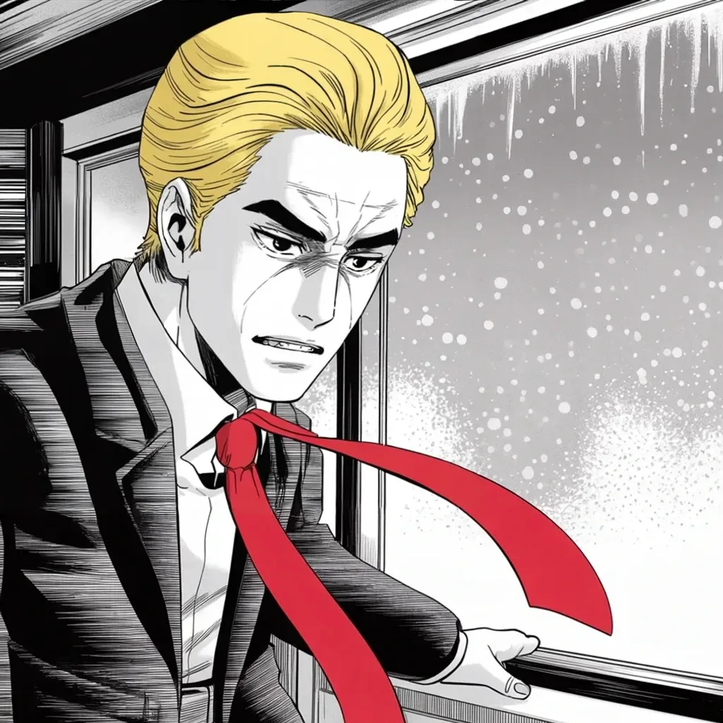 Manga panel 2 of 5, Week 445 “Colorado”: One hand on the cold glass at first light, his face hurt rather than furious: the morning answer to Colorado is grief.