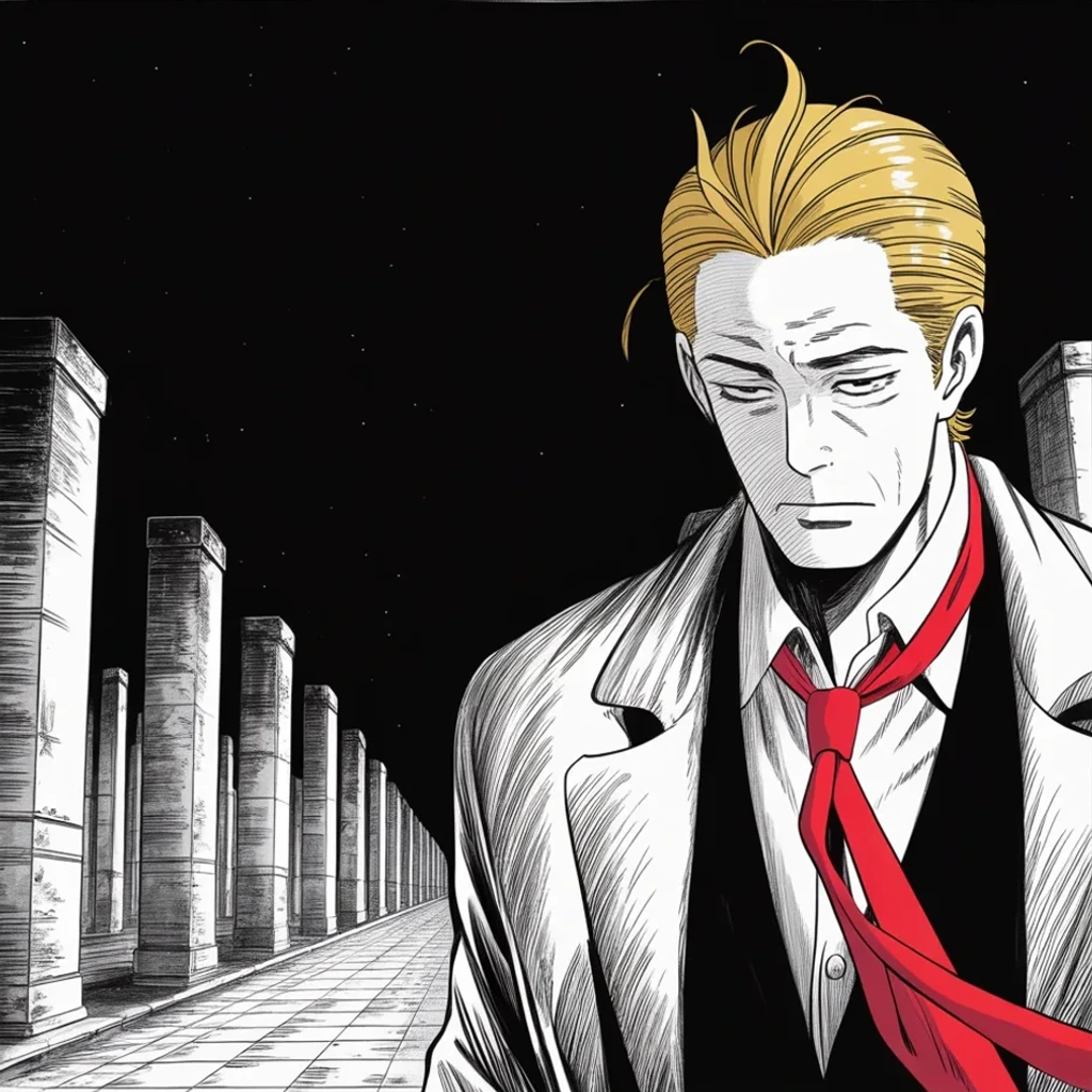 Manga panel 3 of 5, Week 445 “Colorado”: In a pale winter overcoat before the marble columns, head bowed: for a precedent that fits his sense of scale he reaches back to 1860.