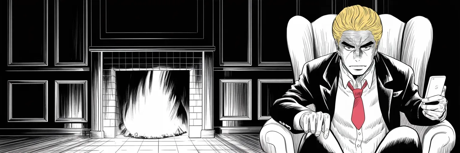 Manga panel 5 of 5, Week 445 “Colorado”: Christmas by the fire, phone in hand, lip curled: the season's greeting goes out sharpened into a blade.