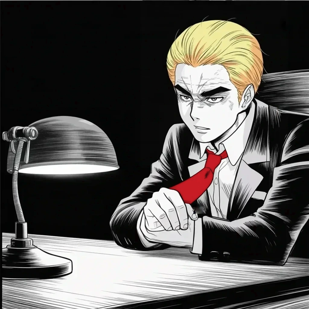 Manga panel 2 of 5, Week 446 “The Secretary's Pen”: Hunched over the lamplit desk, hands clasped: he counts the ballot war like a fight record — thirty-five and one.