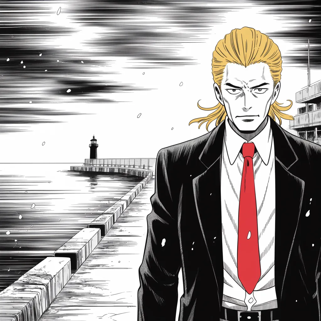 Manga panel 3 of 5, Week 446 “The Secretary's Pen”: On an empty Maine pier in the sleet, teeth bared under an iron sky: this time no court struck the name — a single secretary's pen did.