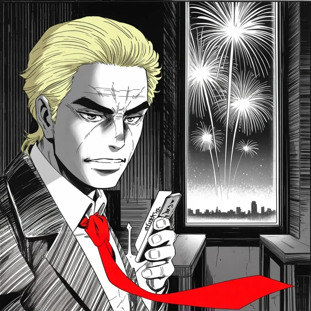 Manga panel 4 of 5, Week 446 “The Secretary's Pen”: New Year's Eve at the window, distant fireworks over the skyline: the year's last greeting goes out as a threat with a bow on it.
