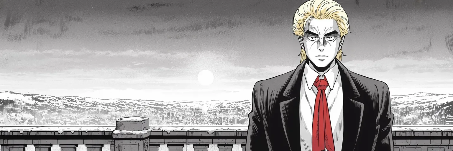 Manga panel 5 of 5, Week 446 “The Secretary's Pen”: New Year's Day at dawn on a tower terrace above the snow, his face composed and still: it will be a historic one, he says, and the chronicle does not disagree.