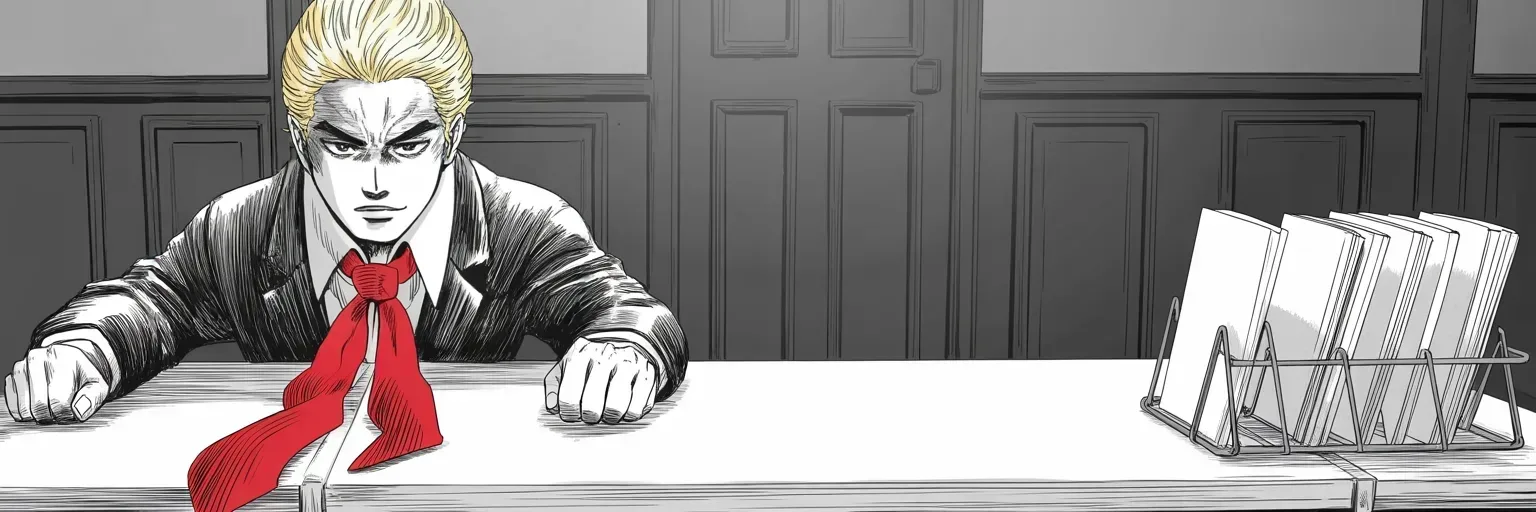 Manga panel 1 of 5, Week 447 “The Anniversary”: Square behind a cold morning desk, a rack of filed pages standing edge-on beside him: the new year opens with the oldest claim, re-filed as a report.