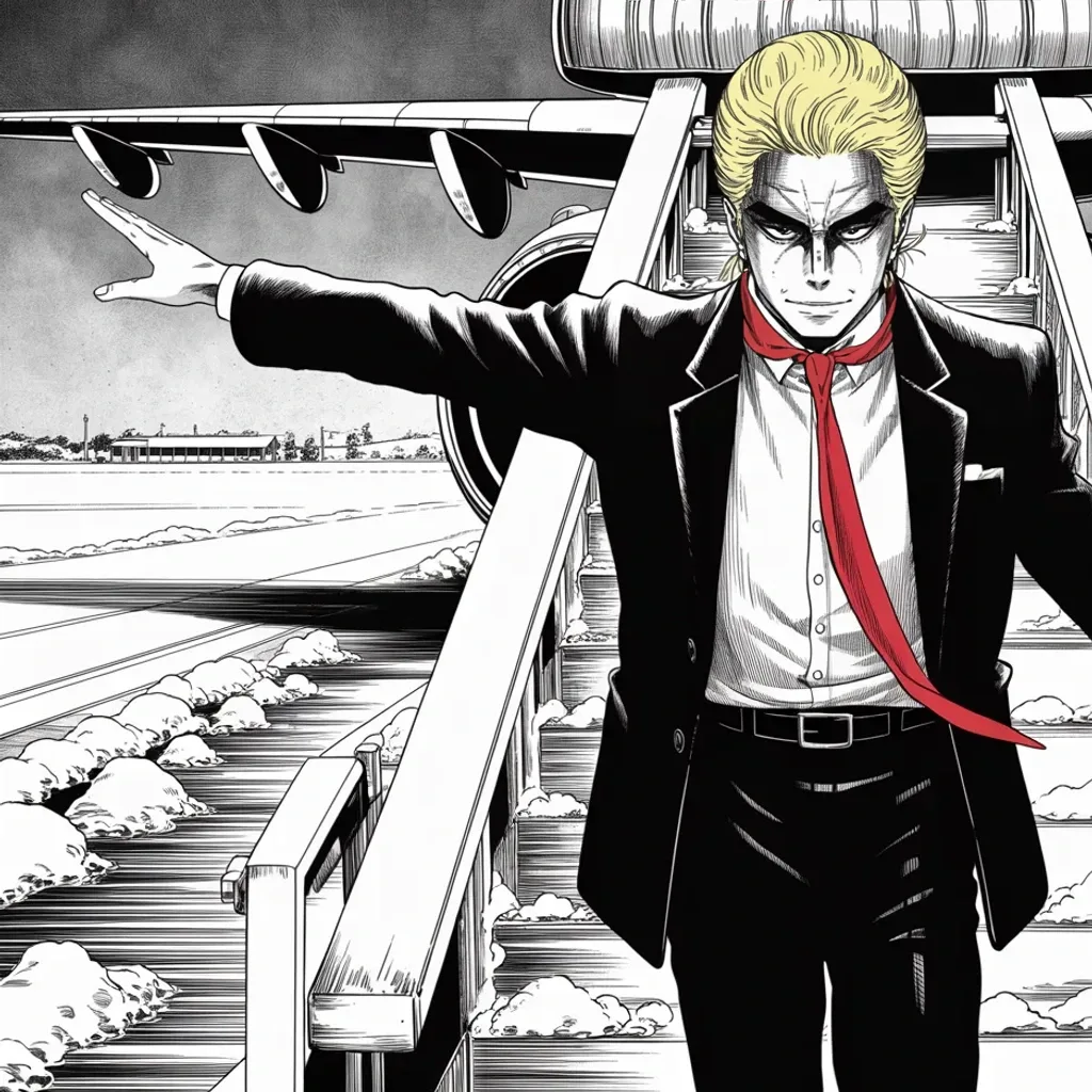 Manga panel 2 of 5, Week 447 “The Anniversary”: Beside the boarding stairs on the snow-scattered tarmac, arm flung wide: to Iowa, four cities in two days, nine days out.