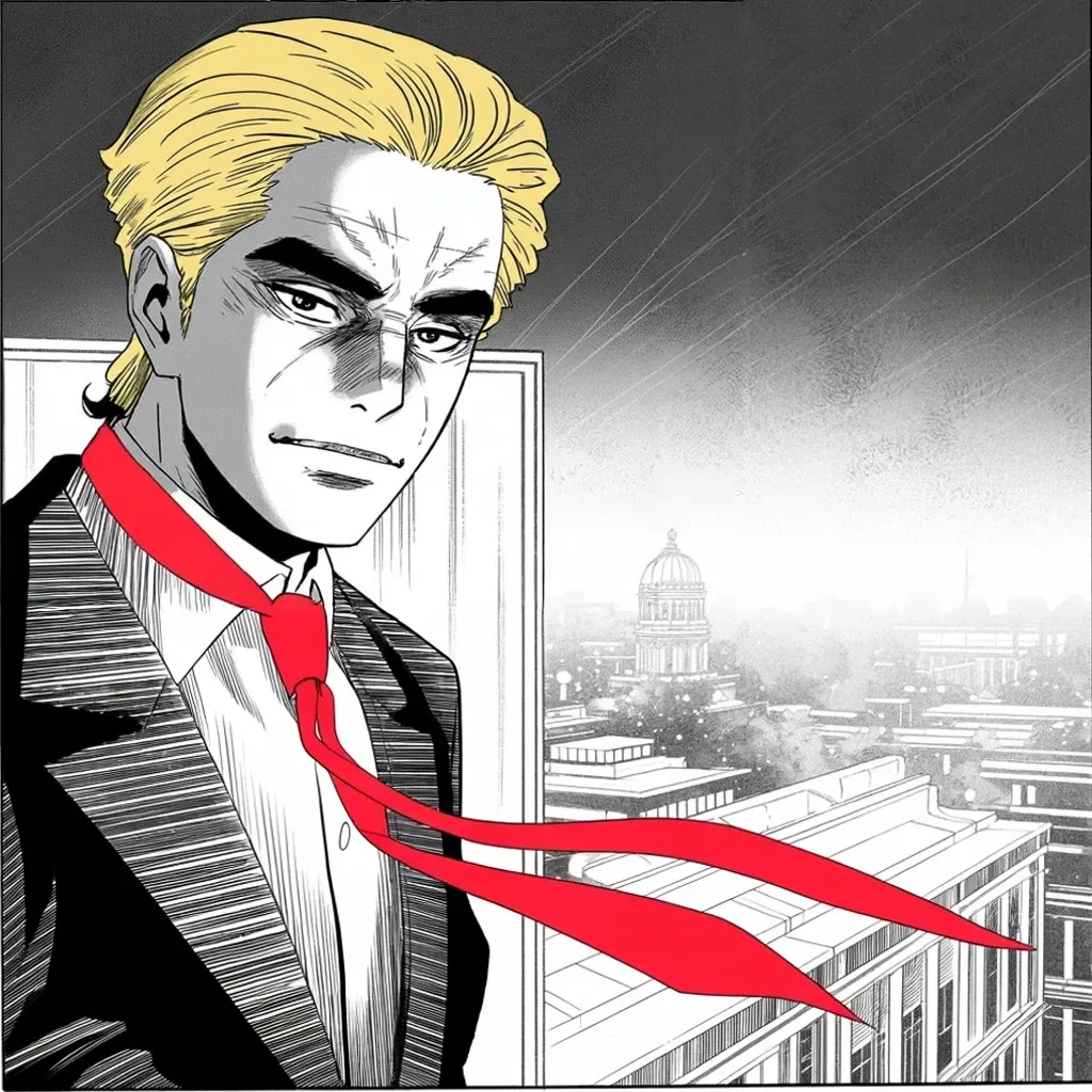 Manga panel 3 of 5, Week 447 “The Anniversary”: At a high window at dusk, the far pale dome below him: three years to the day, and the anniversary passes in silence.