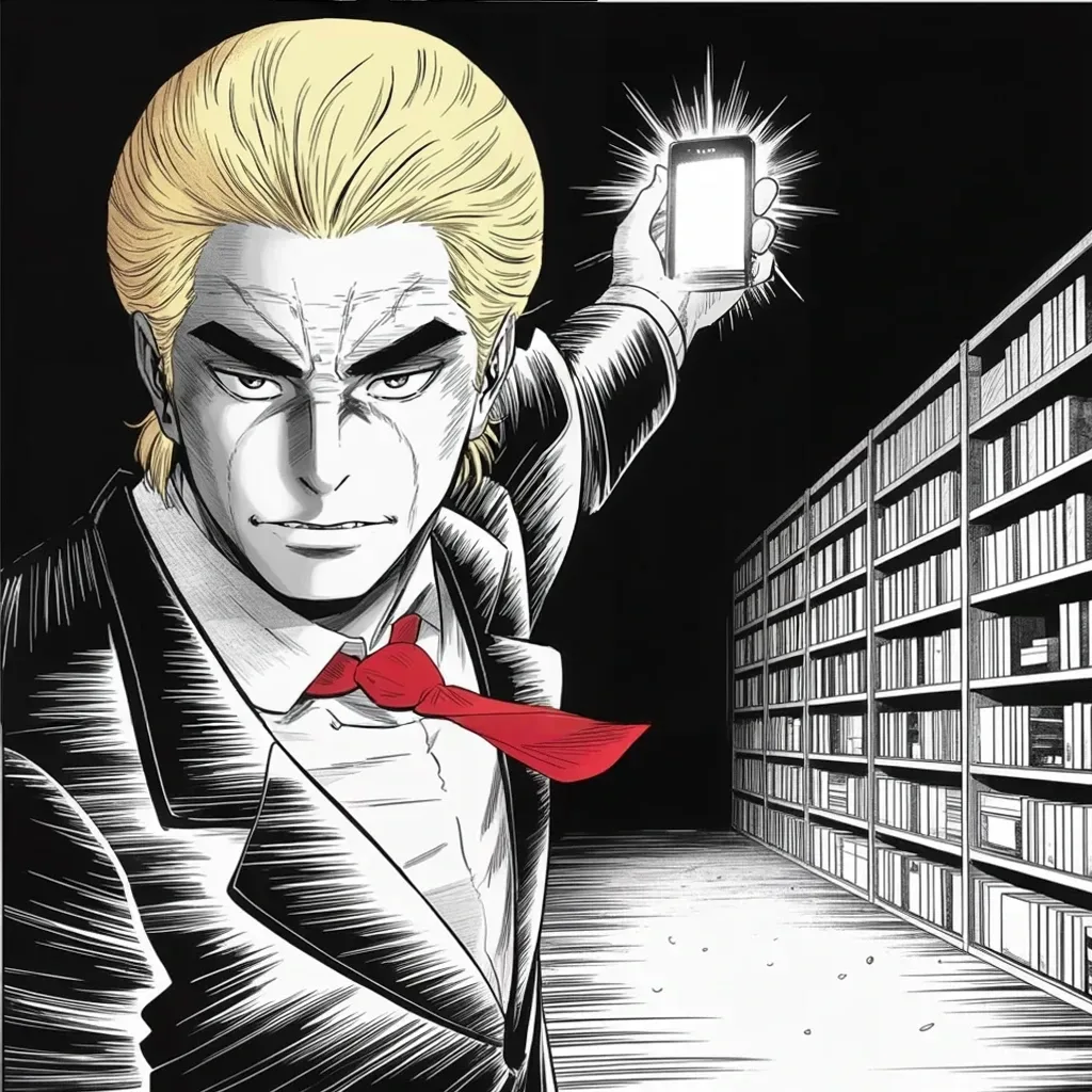 Manga panel 4 of 5, Week 447 “The Anniversary”: Phone raised like a trophy, smirk spreading: word from Georgia — the prosecutor who indicted him stands accused in her turn.