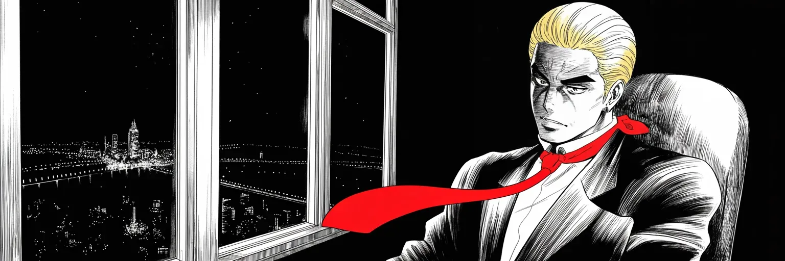 Manga panel 5 of 5, Week 447 “The Anniversary”: Past midnight before a window of distant capital lights, gaze lost: on Tuesday a court hears the question underneath everything — can a president be tried at all?