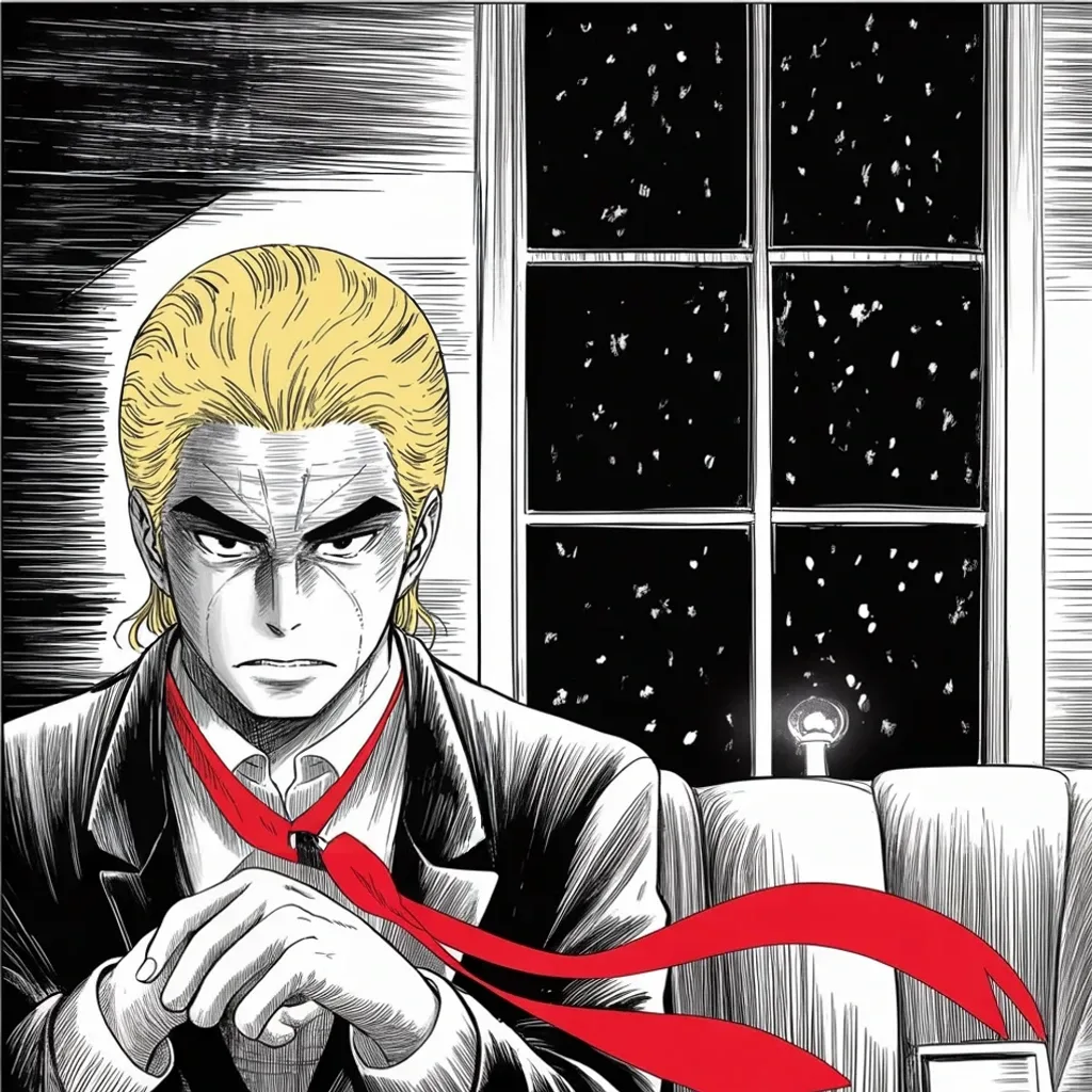 Manga panel 2 of 5, Week 448 “The Blizzard Caucus”: That night, in lamplight with snow at the window, his jaw set against grief: his wife's mother has died, and the loudest voice in America goes quiet.