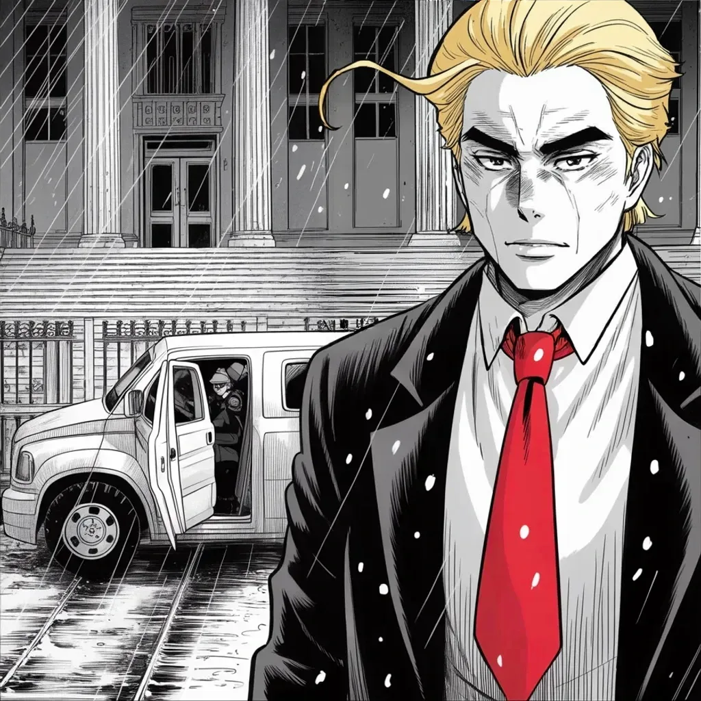 Manga panel 3 of 5, Week 448 “The Blizzard Caucus”: At the curb in driving sleet, the van door held open: one more ride downtown, for the last word in the ledger case.
