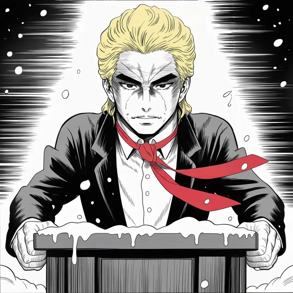 Manga panel 4 of 5, Week 448 “The Blizzard Caucus”: In the whiteout, snow banking on the podium ledge, he defies the storm: the caucus is on, come anyway.