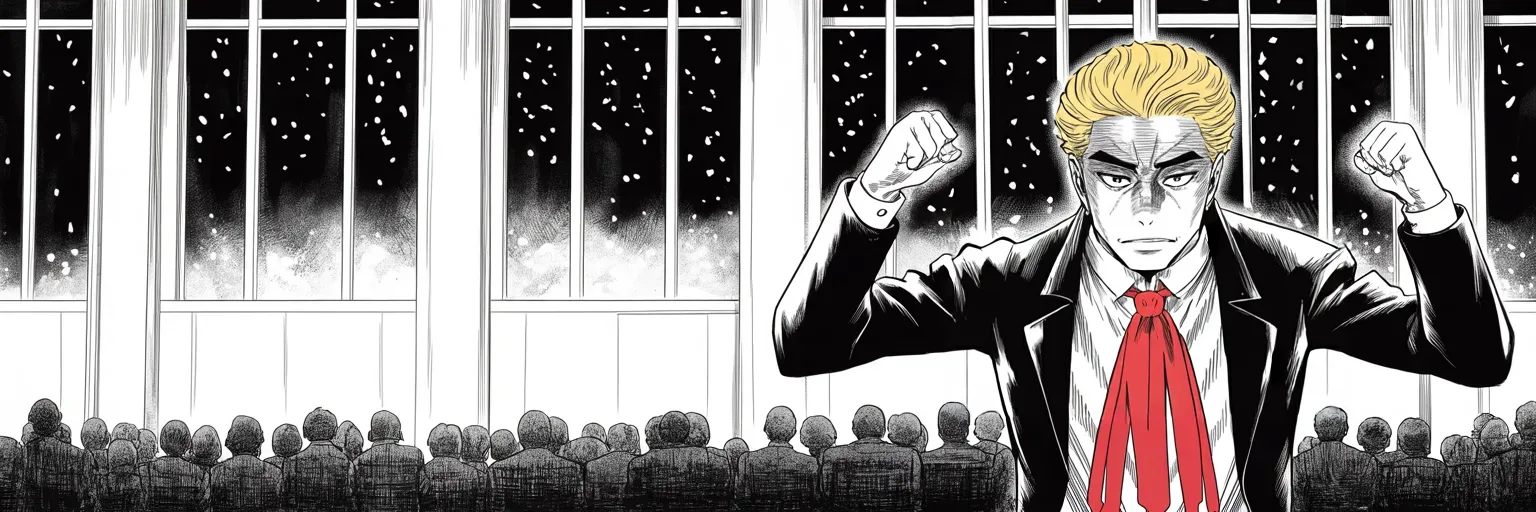 Manga panel 5 of 5, Week 448 “The Blizzard Caucus”: Fists raised on a victory stage before windows full of falling snow: ninety-eight of ninety-nine counties, and the primary is over the night it begins.