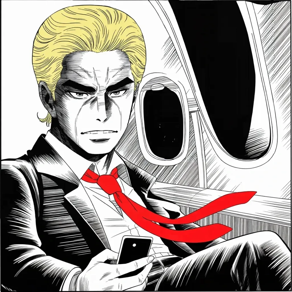 Manga panel 2 of 5, Week 449 “The Field Folds”: One in the morning on the jet, phone in hand: the young rival has folded and endorsed, and the reply takes him seconds.