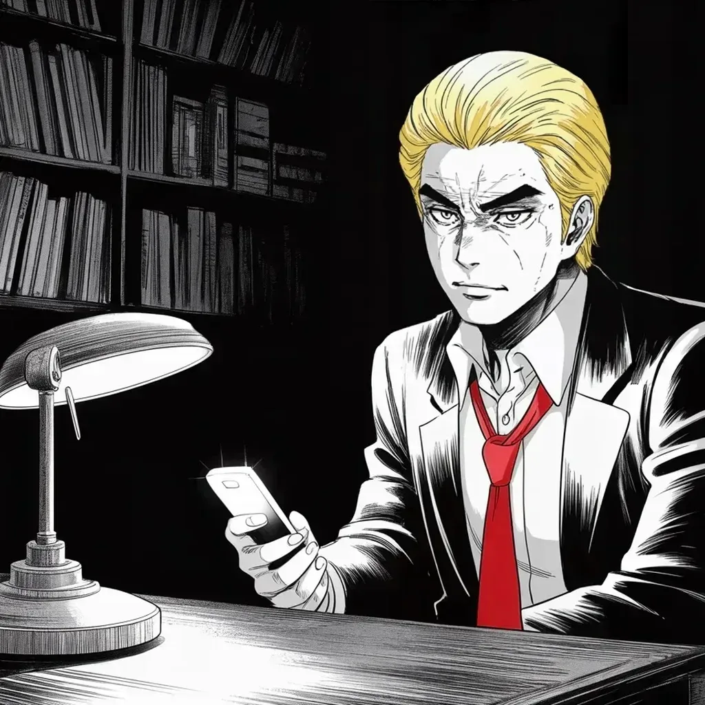 Manga panel 3 of 5, Week 449 “The Field Folds”: Two in the morning at a lamplit desk, the manifesto going out in capitals: full immunity or no presidency at all — the appeals court holds the question.