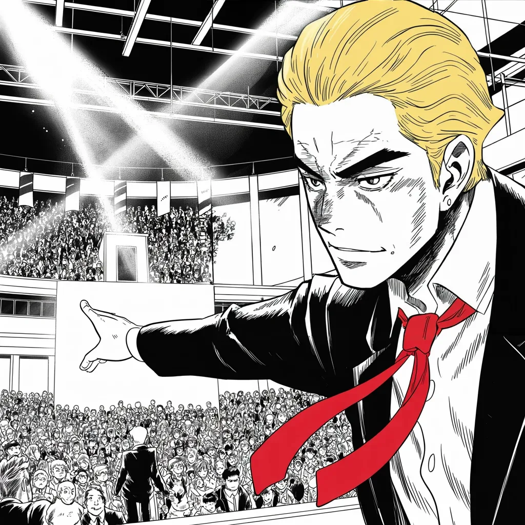Manga panel 4 of 5, Week 449 “The Field Folds”: Friday night in Concord, one arm flung wide: the Senator who once ran against him takes the stage to endorse.
