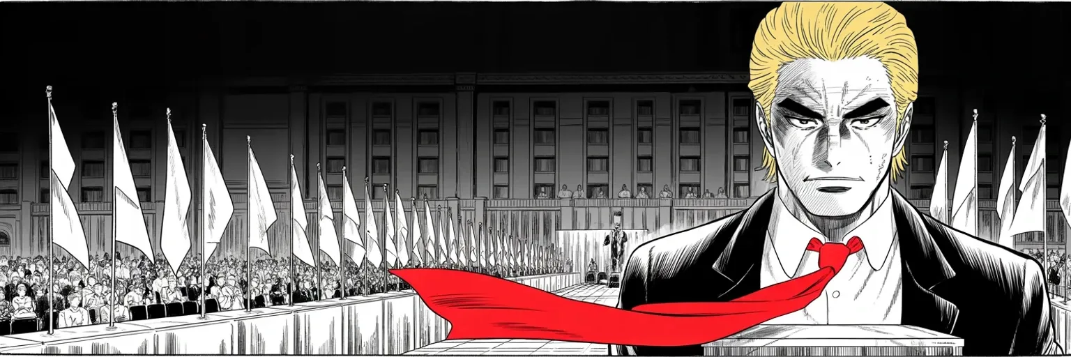 Manga panel 5 of 5, Week 449 “The Field Folds”: The Saturday call to unify: by Sunday the Florida governor is out and endorsing, and the thirteen-candidate field is down to one rival.