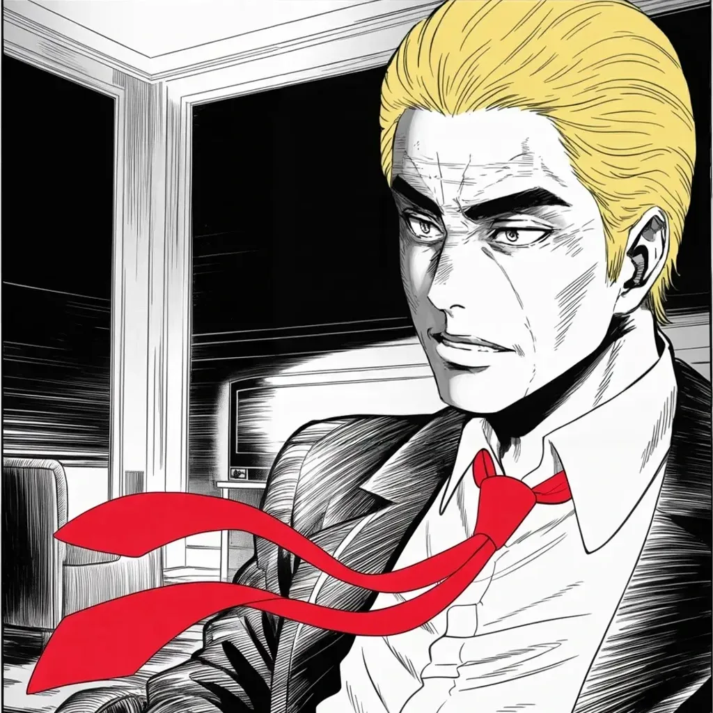 Manga panel 2 of 5, Week 450 “Two Verdicts”: One in the morning, lit by the television's flicker: even the anchors concede the fight is over, and he lets the screen say it for him.