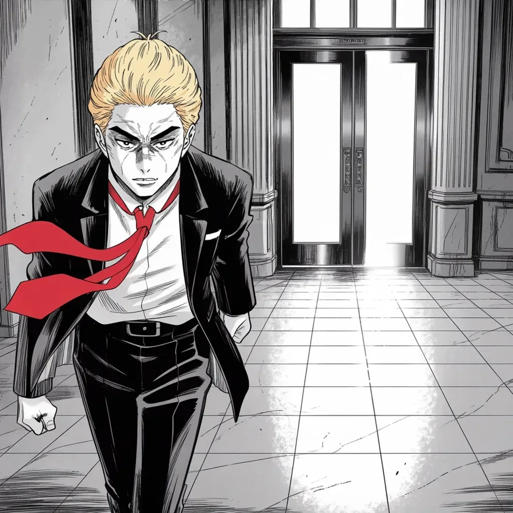 Manga panel 3 of 5, Week 450 “Two Verdicts”: Storming the marble lobby as the verdict lands: eighty-three million dollars, seventy-two hours after the primary win.
