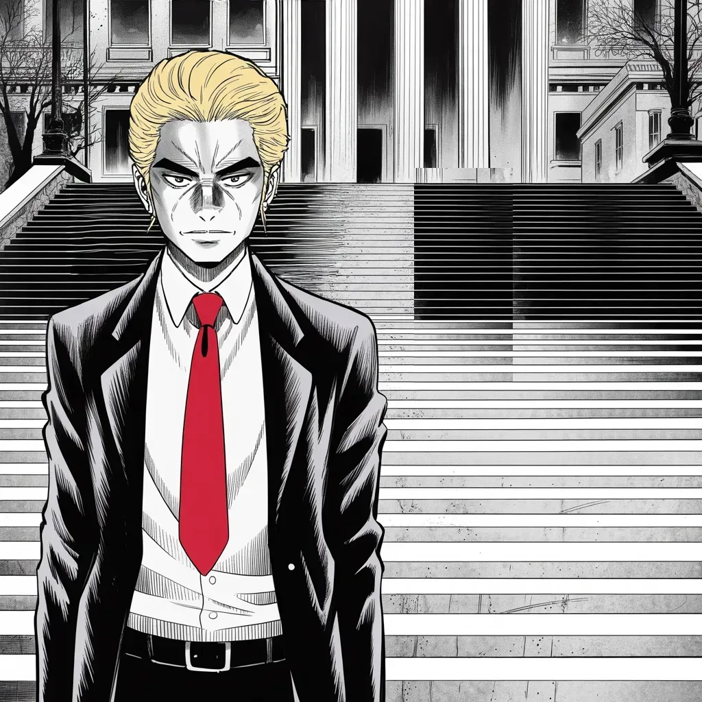 Manga panel 4 of 5, Week 450 “Two Verdicts”: Alone on the courthouse steps at dusk: for once the voice drops — no longer justice, a system broken and unfair.