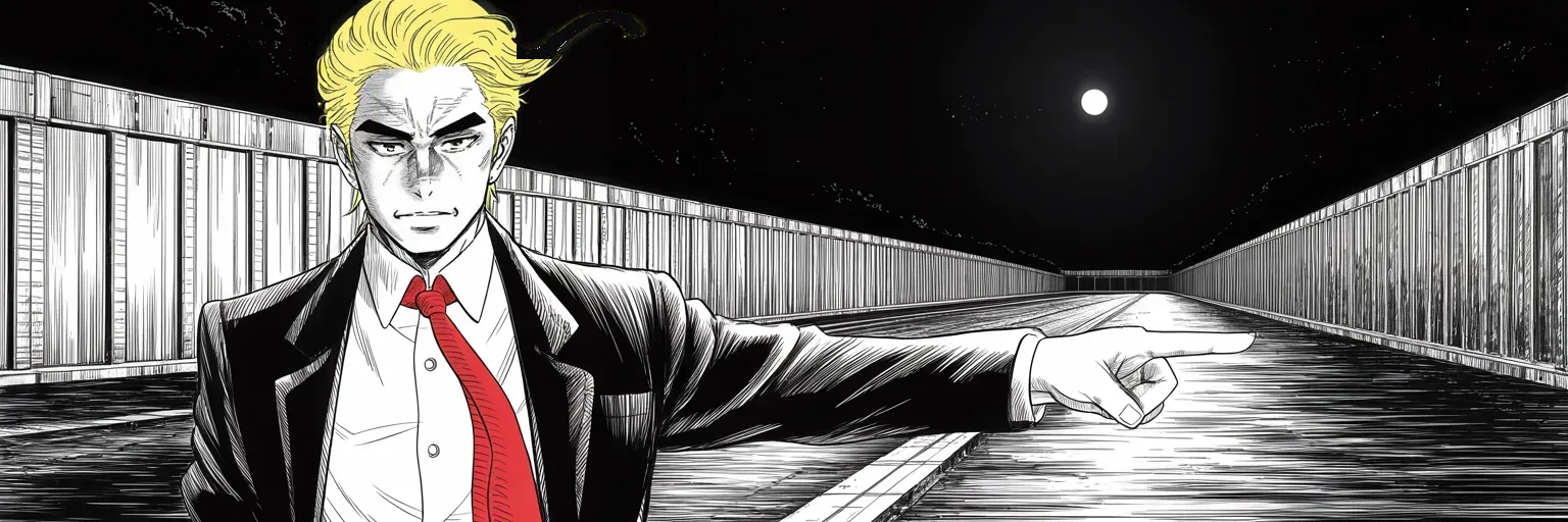 Manga panel 5 of 5, Week 450 “Two Verdicts”: Pointing down the steel wall by moonlight: no bill is needed, he rules — and the party's border deal is marked for death.
