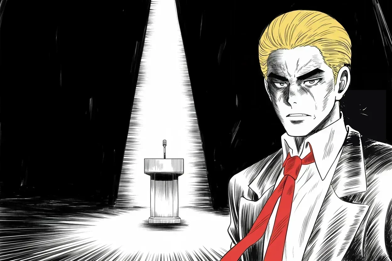 Manga panel 2 of 4, Week 451 “Kill the Bill”: Under a single cone of light, the warning in capitals: without immunity, every departing president will be indicted by the other side.