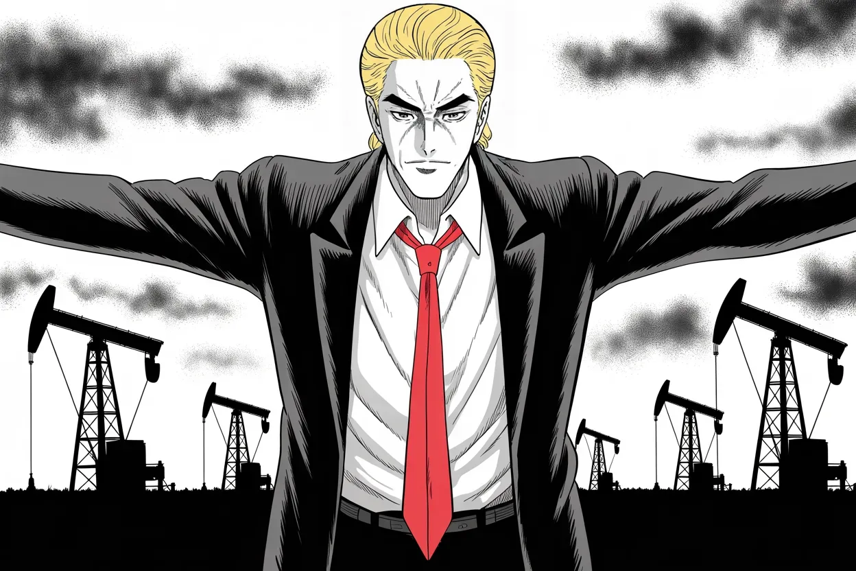 Manga panel 3 of 4, Week 451 “Kill the Bill”: Arms spread before a horizon of silhouetted derricks: the Sunday promise runs three words — drill, baby, drill.