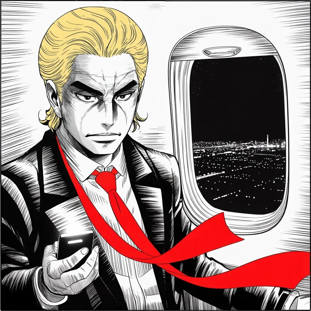 Manga panel 2 of 5, Week 452 “The Final Battle”: Descending over the desert lights with the caucus already won: the islands fell that morning, Nevada falls tonight.