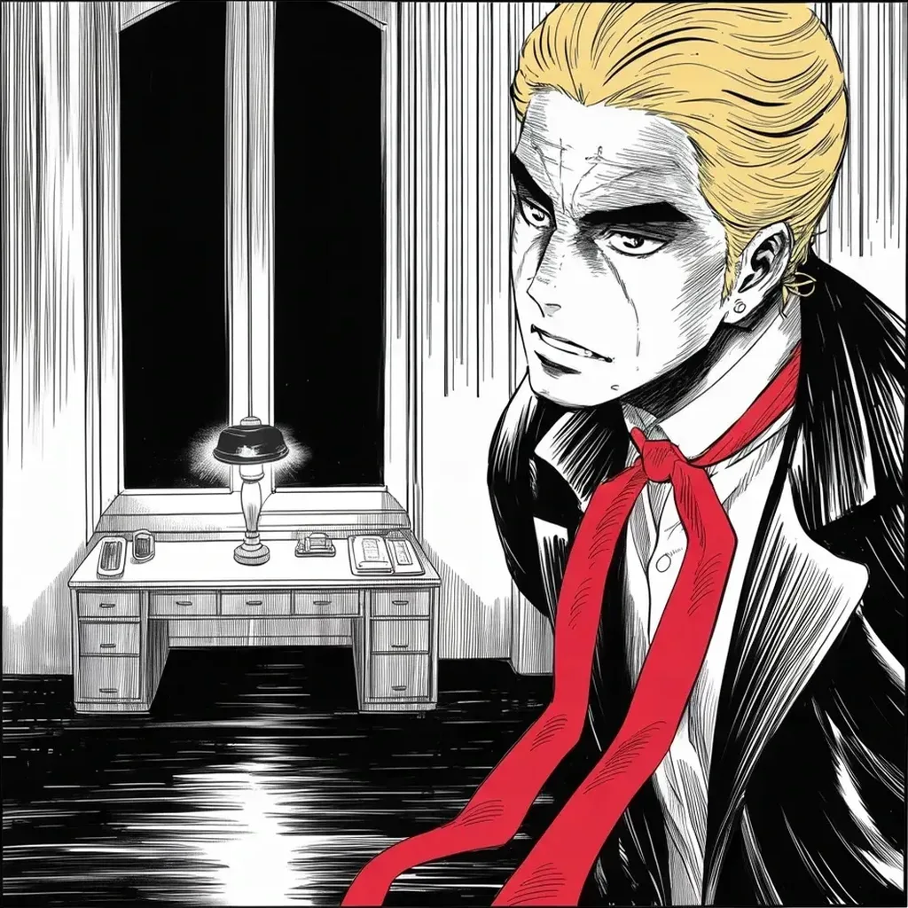 Manga panel 3 of 5, Week 452 “The Final Battle”: Standing over the desk lamp's glow, the decree in capitals: no more foreign aid as a gift — loans, with strings, from this point forward.