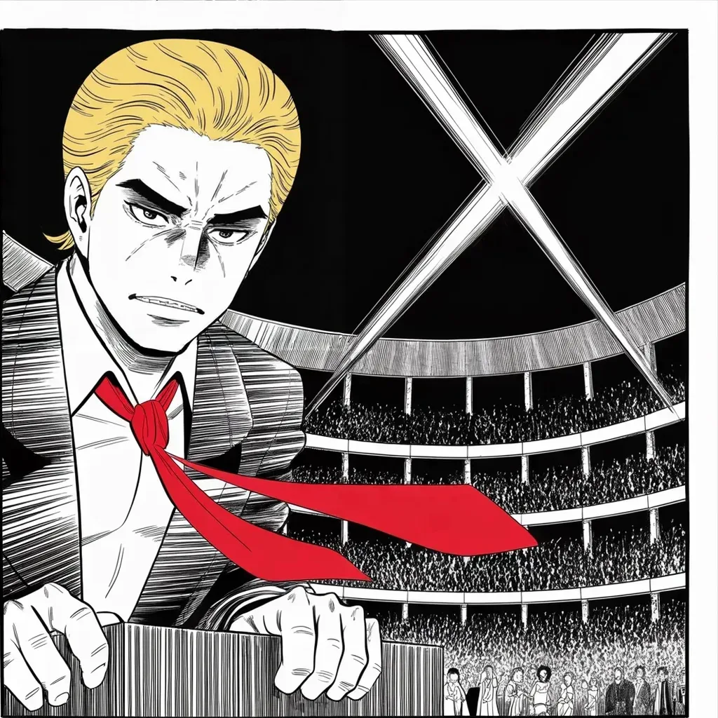 Manga panel 4 of 5, Week 452 “The Final Battle”: Both fists on the podium under crossing floodlights: 2024 is the final battle, and the enemies list runs long.