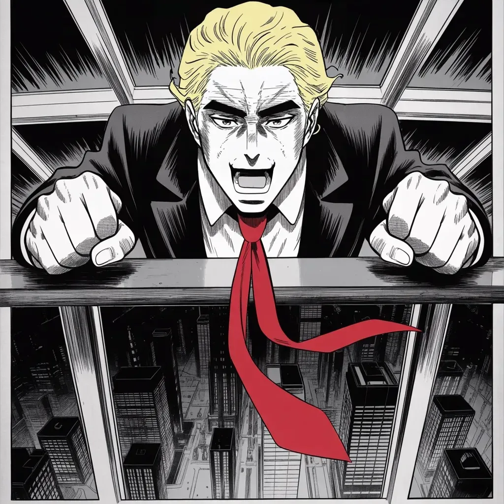Manga panel 2 of 5, Week 453 “Half a Billion”: Fists on the desk as the ledger case lands its number: $355 million — $454 million with interest, climbing by the day.