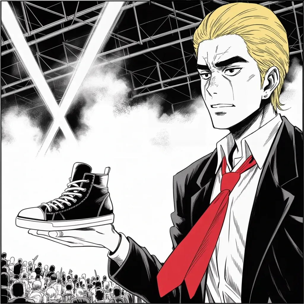 Manga panel 3 of 5, Week 453 “Half a Billion”: A gleaming high-top balanced on an open palm before a convention crowd: the day after the half-billion judgment, he is in Philadelphia selling sneakers.