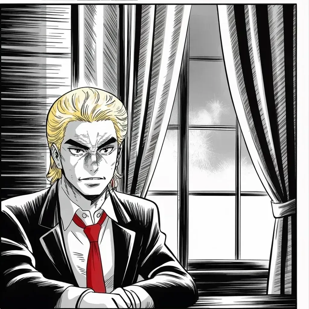 Manga panel 4 of 5, Week 453 “Half a Billion”: Forearms crossed in a curtained study: the dissident's death in an Arctic prison turns his mind, as ever, to his own prosecutions.