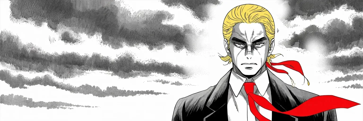 Manga panel 5 of 5, Week 453 “Half a Billion”: Shot from below against a storm sky, the demand in capitals: all the prosecutions must stop — while the interest climbs by the day.