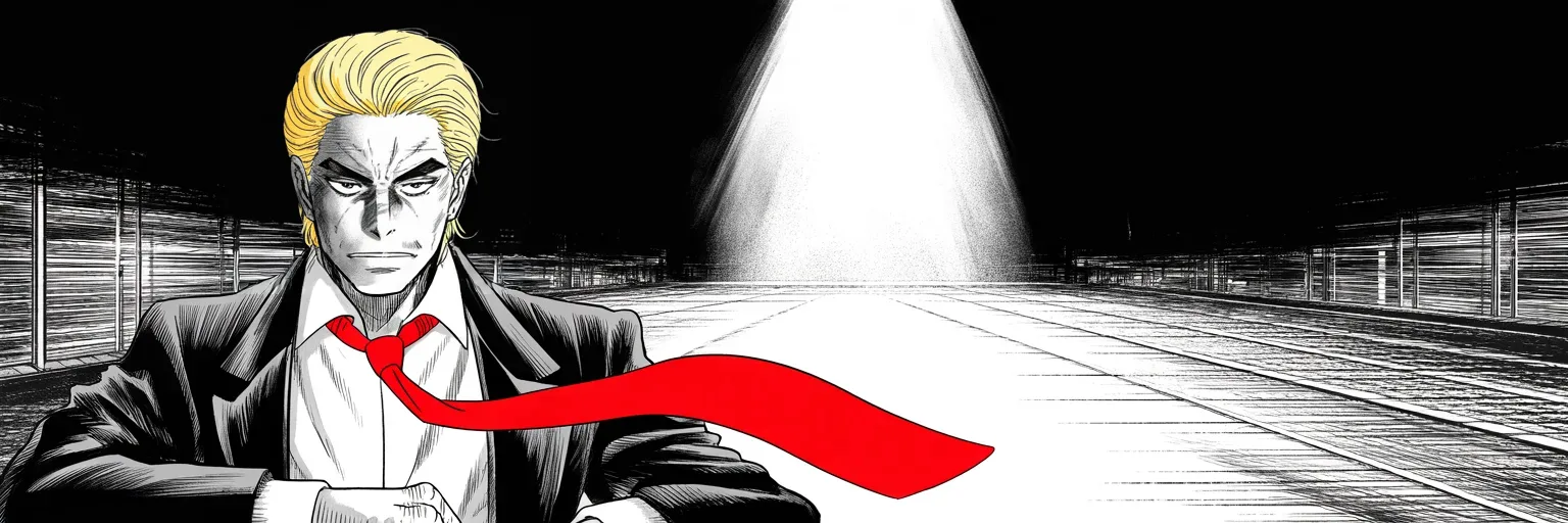 Manga panel 1 of 4, Week 454 “Home State”: Leaning into the spotlight with a slow smirk: asked about revenge, he answers in four words — my revenge will be success.