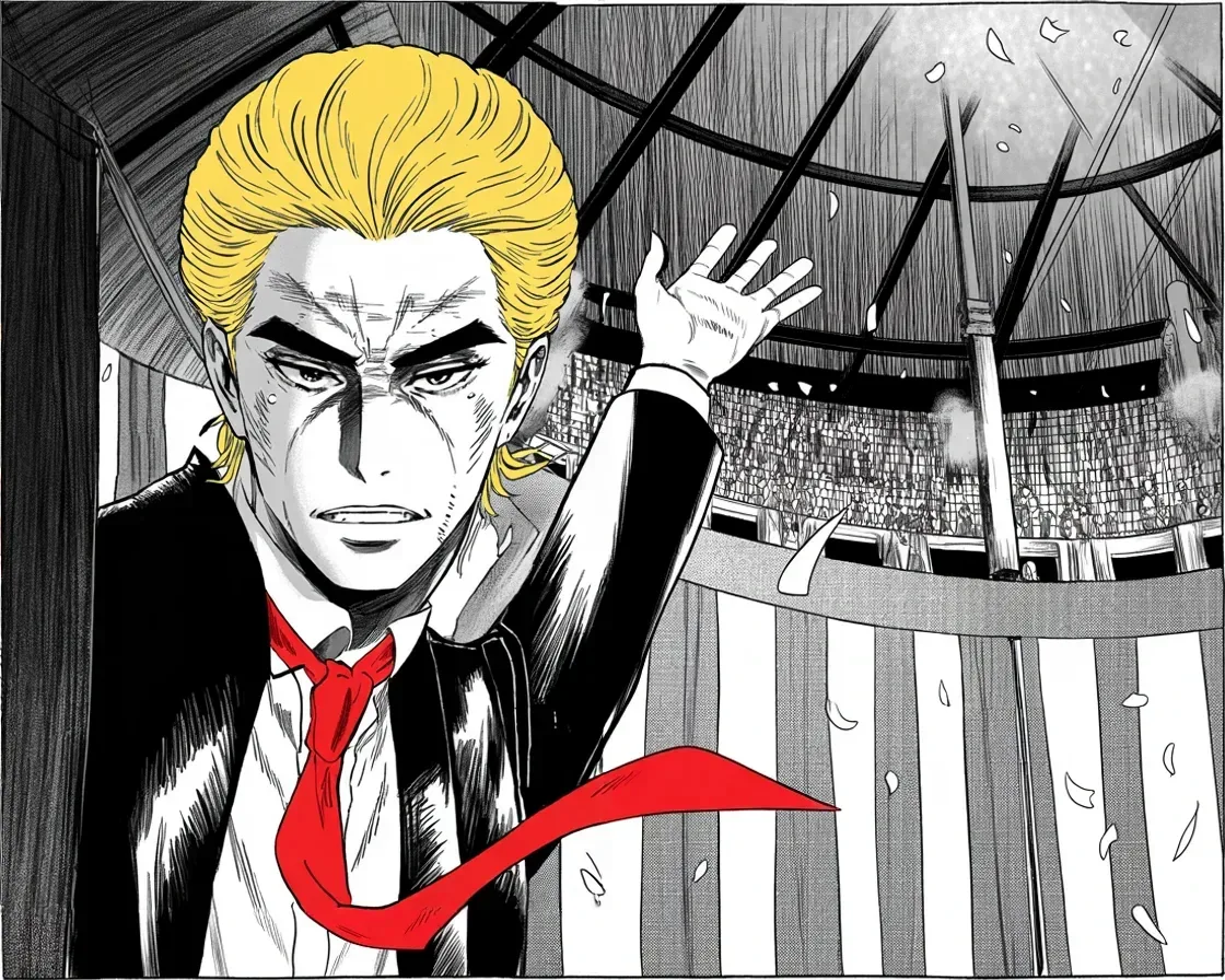 Manga panel 2 of 4, Week 454 “Home State”: An arm thrust high under palmetto bunting: her home state falls to him by twenty points, and the confetti thins into the dark.