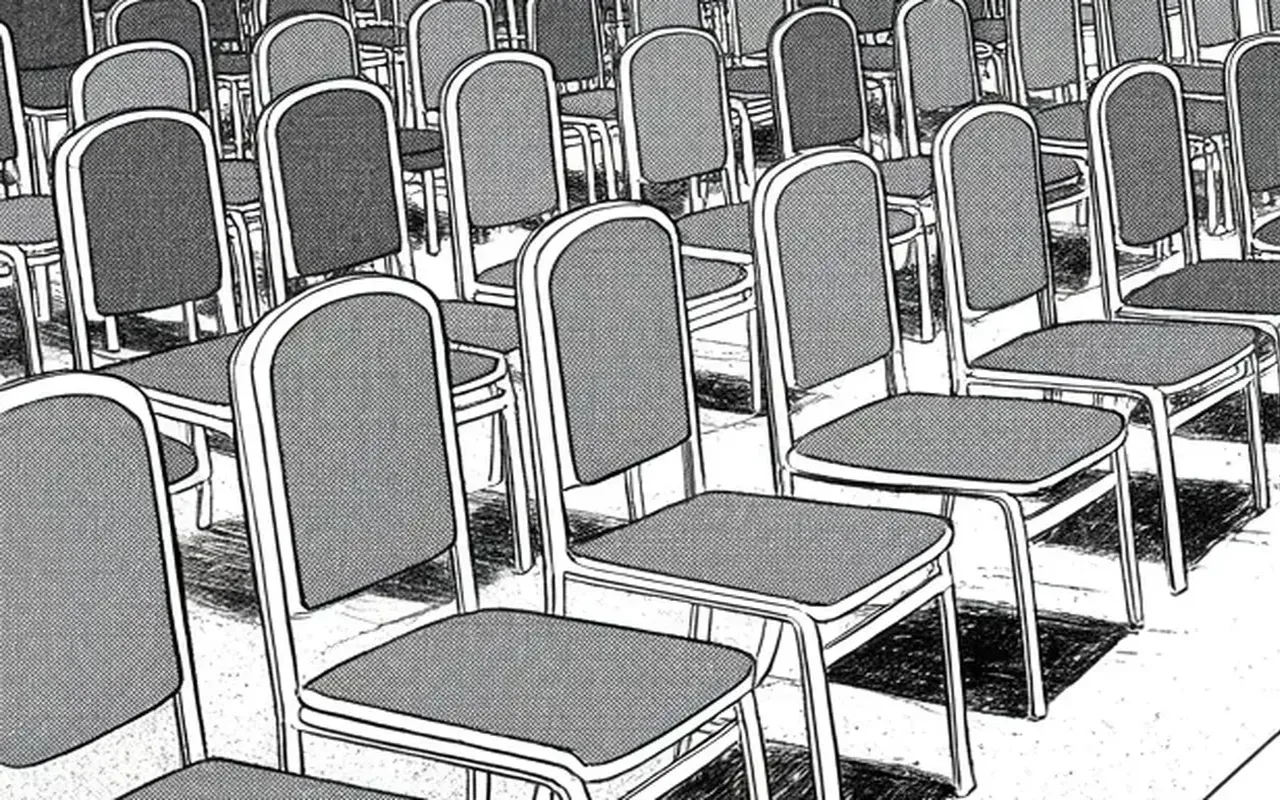 Manga panel 3 of 4, Week 454 “Home State”: The morning after: rows of empty folding chairs where a campaign used to be — the megadonor money walks away, and the taunt arrives from off-stage.