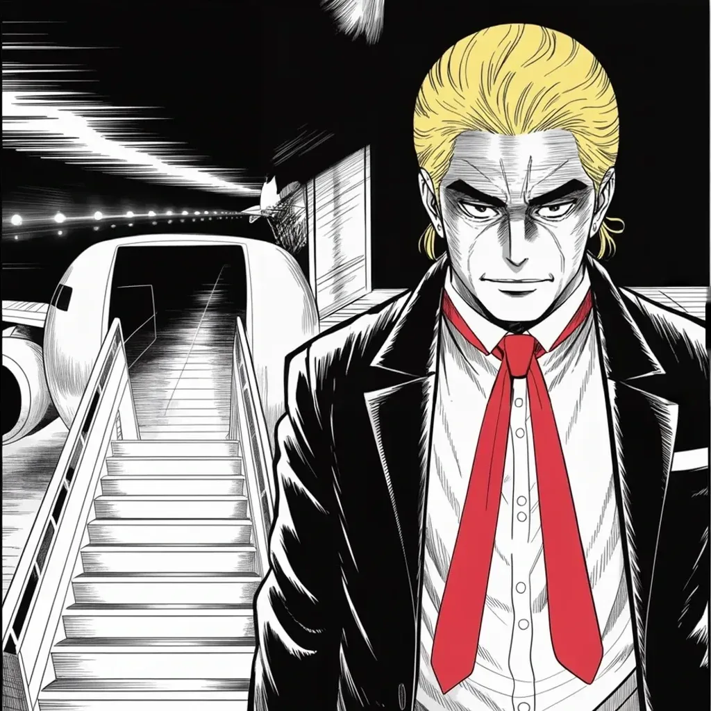 Manga panel 4 of 5, Week 455 “Nine to Zero”: Paused at the top of the airstairs over a runway of blue lights: fifteen states vote on Tuesday, and the sweep is already assembled.