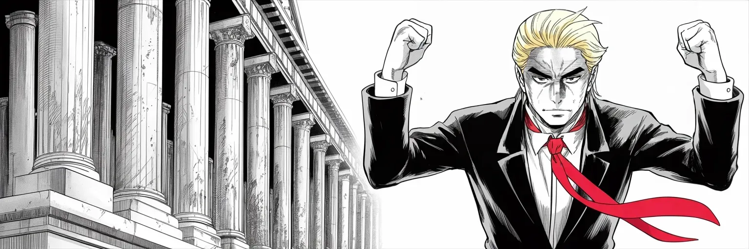 Manga panel 5 of 5, Week 455 “Nine to Zero”: Arms raised beneath towering marble columns: nine to zero, the justices put the name back on every ballot — the day before Super Tuesday.