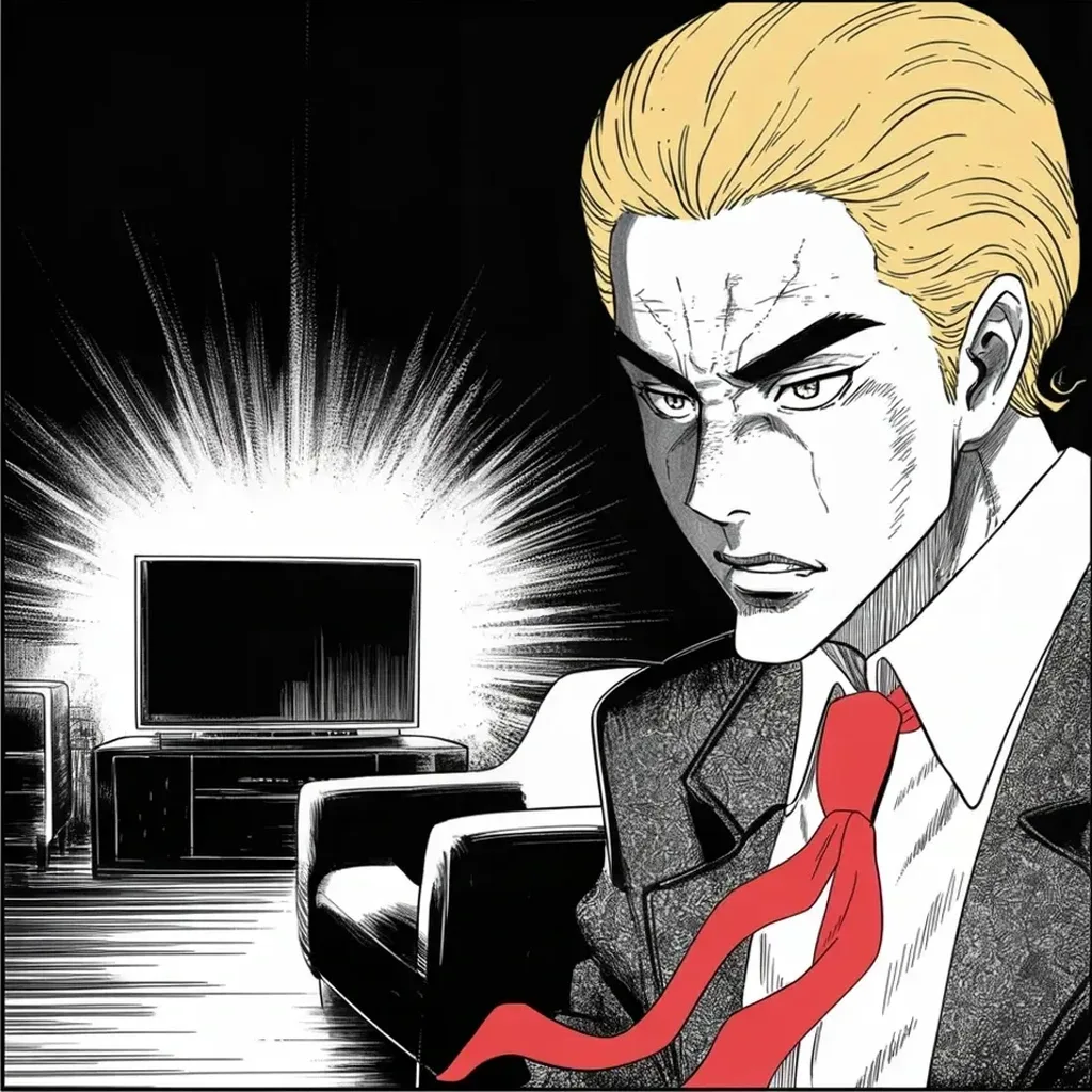 Manga panel 4 of 5, Week 456 “The Sweep”: Roaring at the flickering screen in the dark den: the angriest, least compassionate, worst State of the Union ever made, he rules.