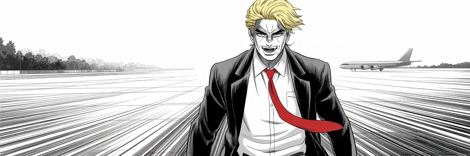 Manga panel 5 of 5, Week 456 “The Sweep”: Laughing across the sunlit tarmac: the rival's big speech is panned by Friday — and that same day the party machinery becomes his.